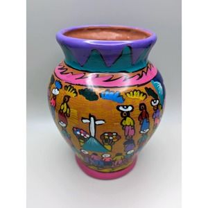 Vintage Mexican Folk Art Redware Pottery Painted Terra Cotta Vase